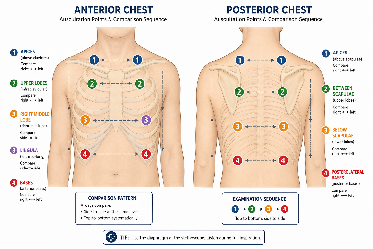 Chest auscultation points, front and back, with the top-to-bottom and compare-left-to-right sequence